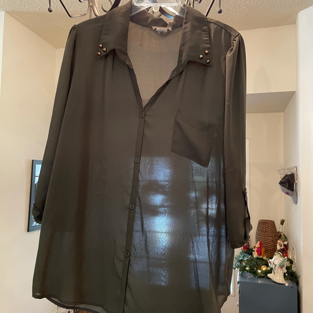 Opaque olive green top with collar embellishment Size L
